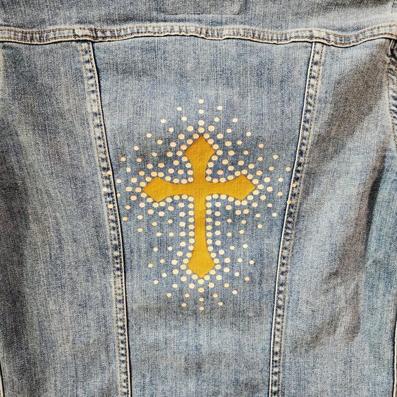 Christian Cross Custom Upcycled Jean Jacket, Women's XS - Picture 2 of 5